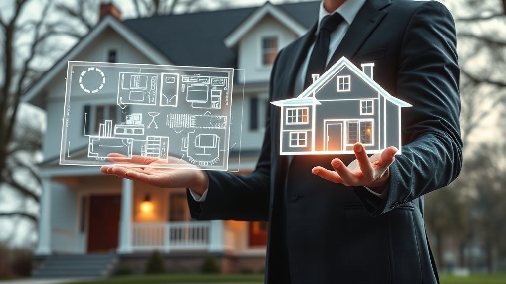 A sleek, futuristic real estate agent stands beside a classic house, holding a translucent holographic floor plan that glows with neon circuitry, while a subtle AI network of light threads weaves between the agent’s hand and the house, symbolizing digital intelligence overlaying traditional property sales.