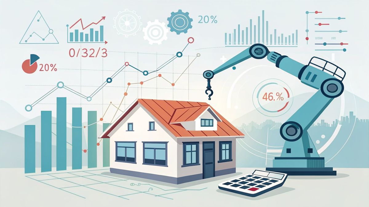 A house with data points and graphs, illustrating AI's role in automated property valuation and market analysis.