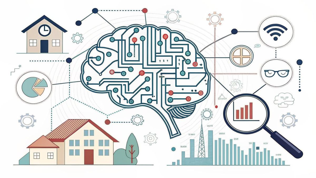 An AI brain processing real estate data, symbolizing market analysis and trend prediction.