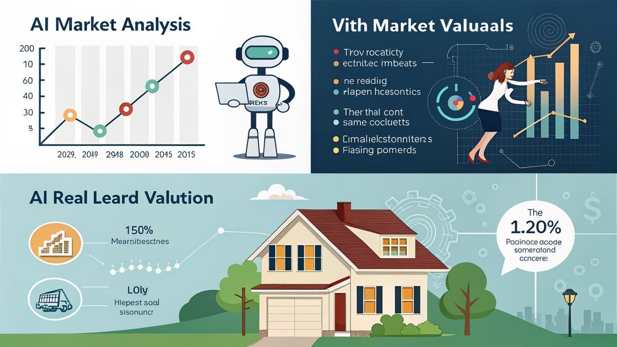 A collage of icons representing AI applications in real estate: market analysis, client communication, property valuation, and lead generation.