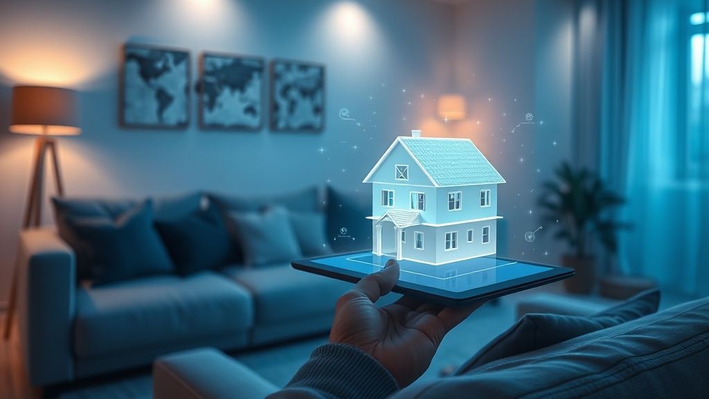 A cozy living room bathed in soft blue light, featuring a couch with a tablet in hand that projects a holographic 3‑D house model, glowing data streams and subtle AI icon hovering above the screen.