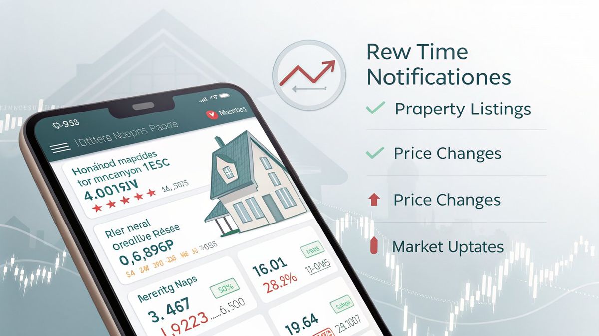 A smartphone screen showing real-time real estate alerts and market notifications.