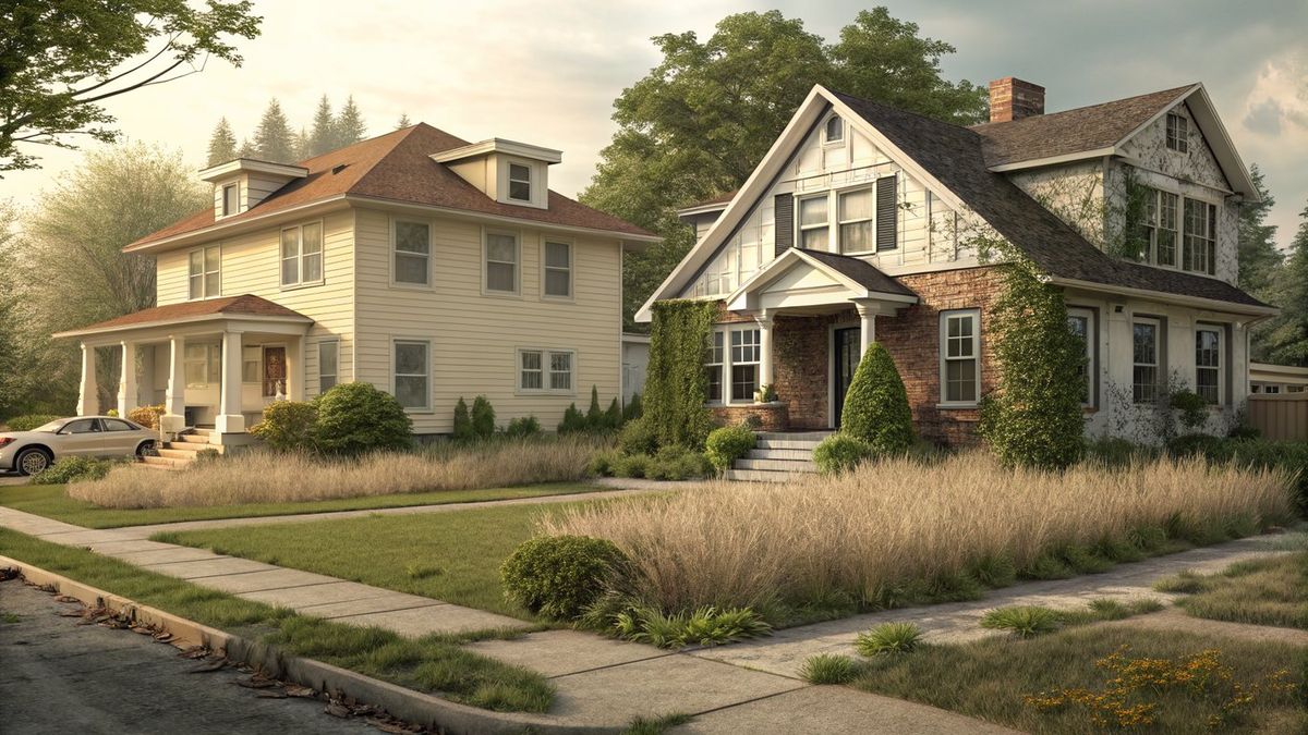 Comparison of a well-maintained home exterior versus a neglected one, illustrating the impact of curb appeal.