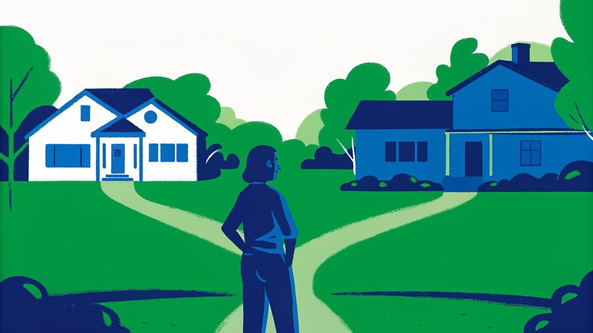 A person at a crossroads deciding between their current home and a new dream home.
