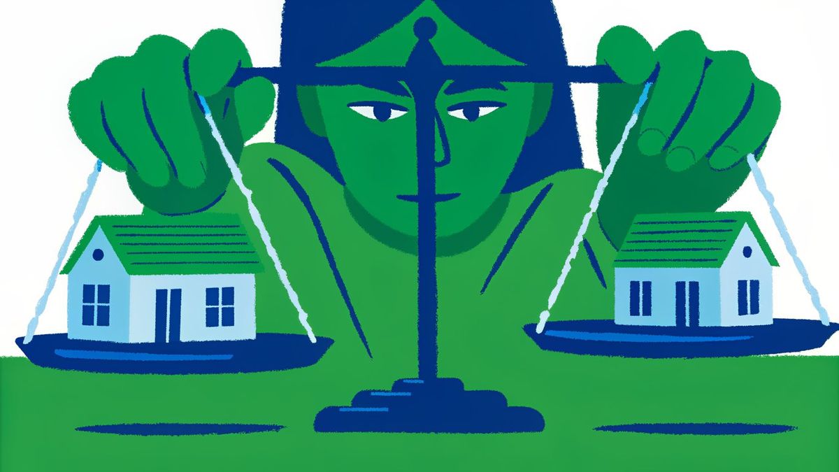 A person balancing the financial weight of two house payments on a scale.