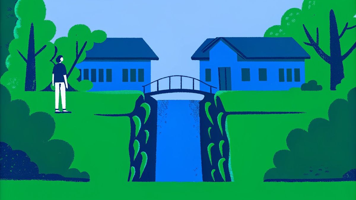 A person on one side of a gap looking at a house, with a bridge forming to connect them, symbolizing down payment assistance as a path to homeownership.