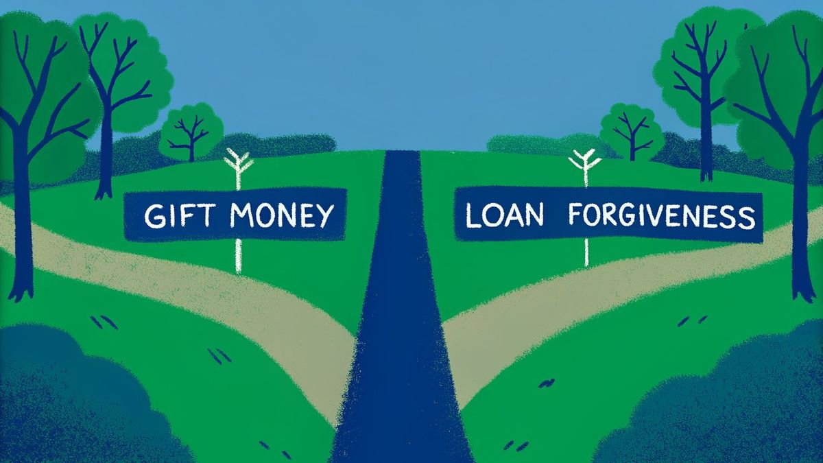 Two diverging paths, one representing a grant as free money, and the other representing a forgivable loan with conditions, illustrating the two forms of assistance.