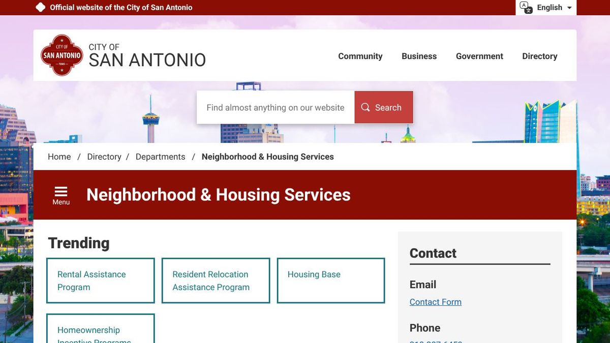 Screenshot of the City of San Antonio Neighborhood and Housing Services Department website, showing information about housing programs.