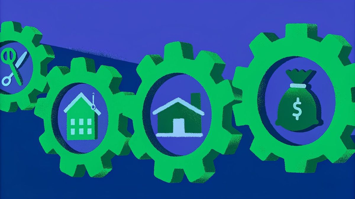 An illustration depicting various eligibility criteria for home buying assistance, including a house, a credit score meter, earnings limits, and a homebuyer education certificate.