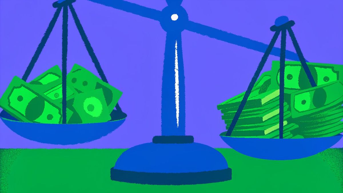 A balanced scale showing earnings on one side and various debts on the other, representing the DTI calculation.