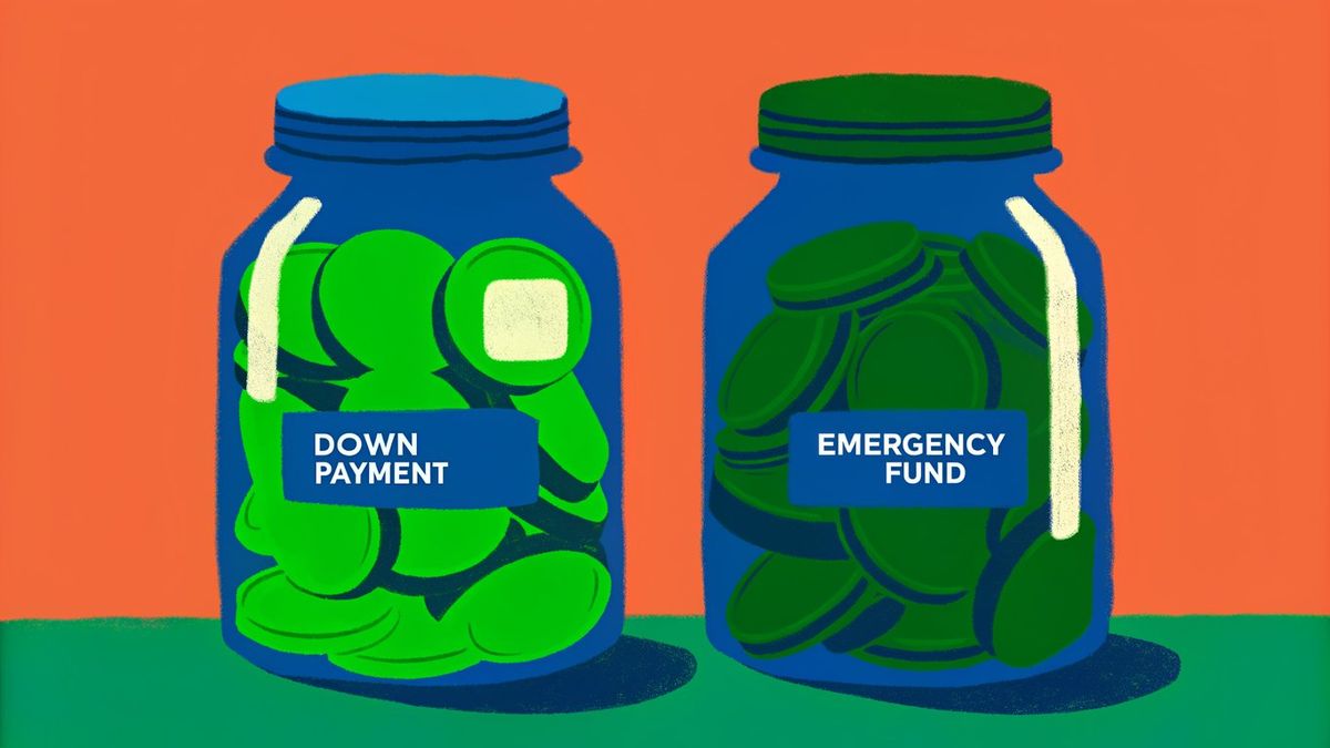 Two separate savings jars, one labeled 'Down Payment' and the other 'Emergency Fund', filled with money.