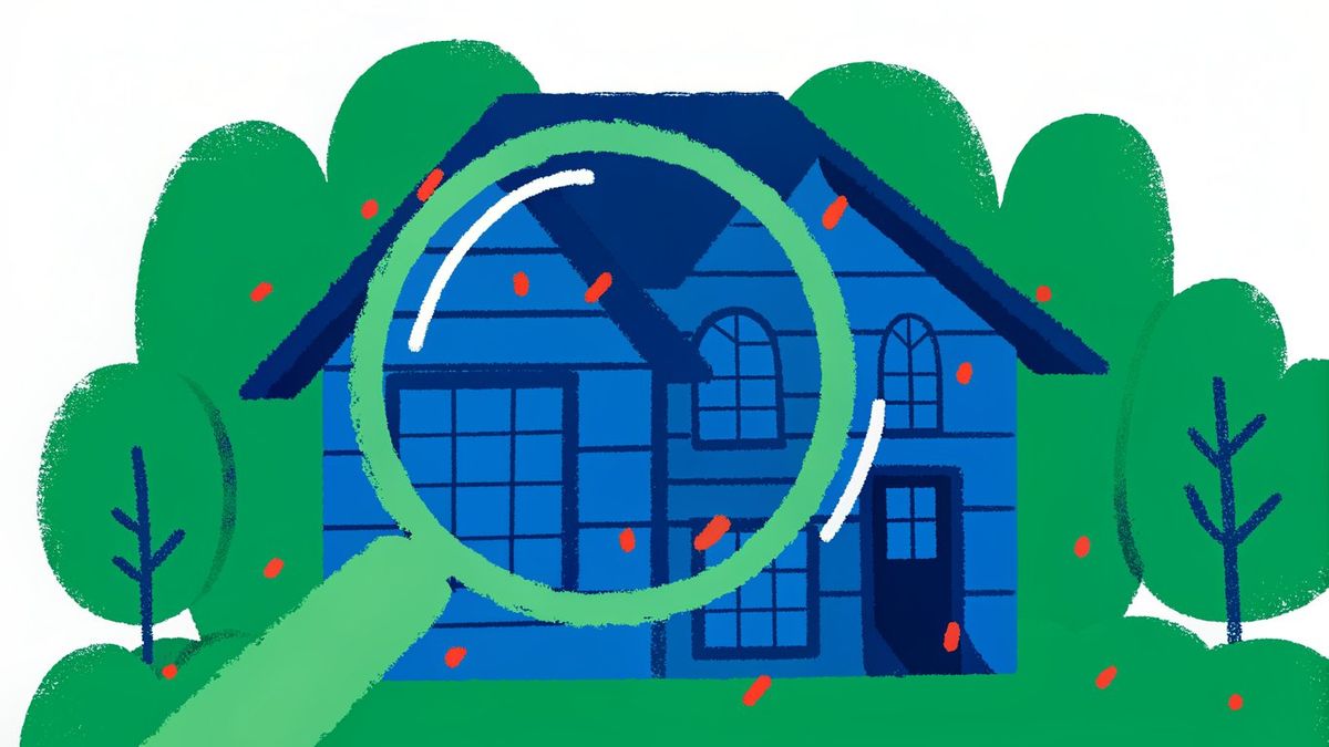 Illustration of a magnifying glass examining a detailed home inspection report.