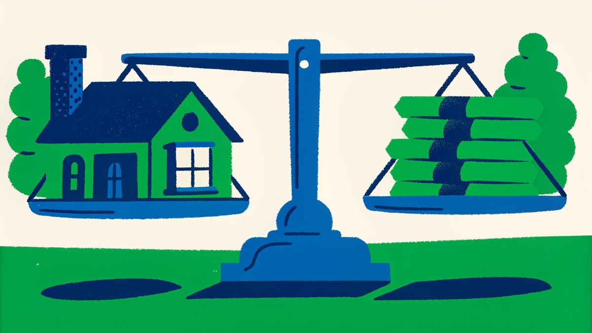 Illustration of a balanced scale, with a house on one side and money on the other, symbolizing cost versus value of repairs.