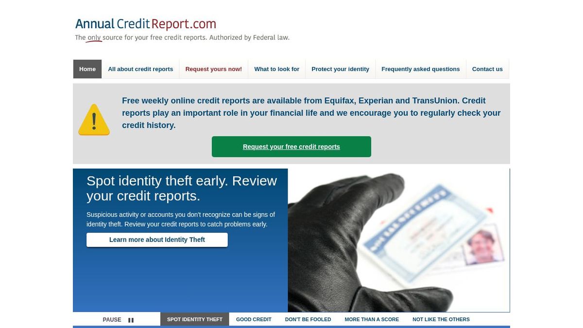 Screenshot of the AnnualCreditReport.com website homepage.