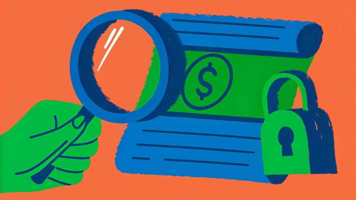 Magnifying glass examining proof of funds document with a security lock icon.