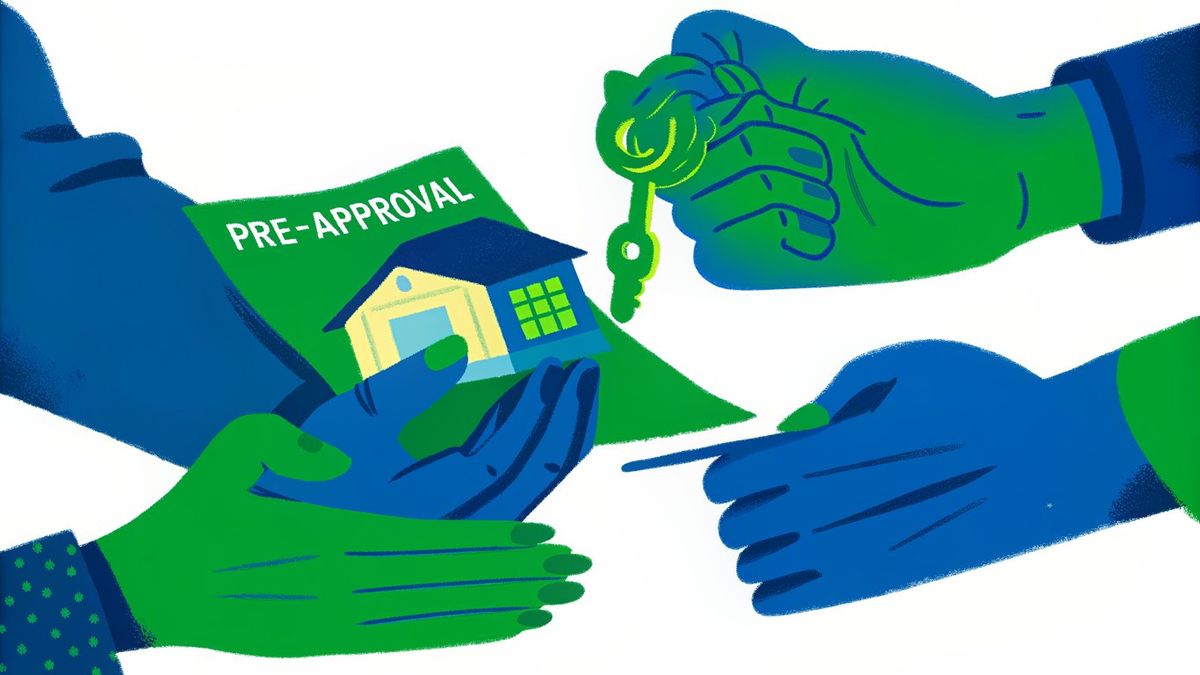 Several hands competing to grab a house key, with one hand holding a pre-approval letter clearly in the lead, symbolizing a competitive market.