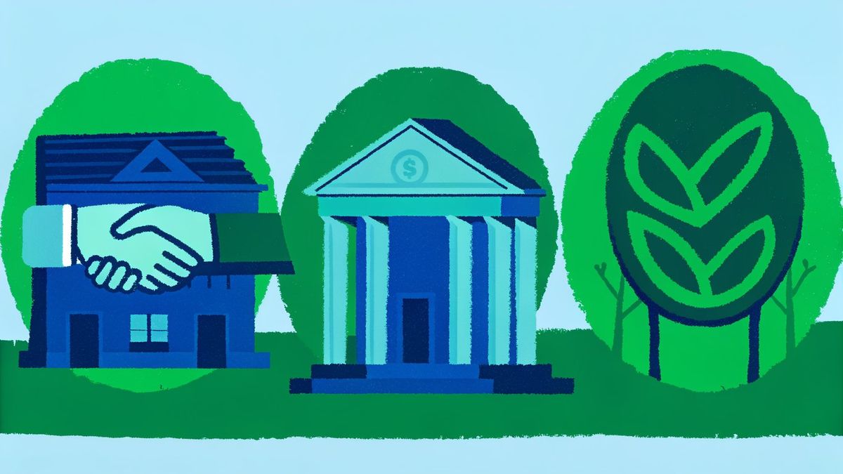 Icons representing a bank, a credit union, and a mortgage company side-by-side, illustrating different types of lenders.