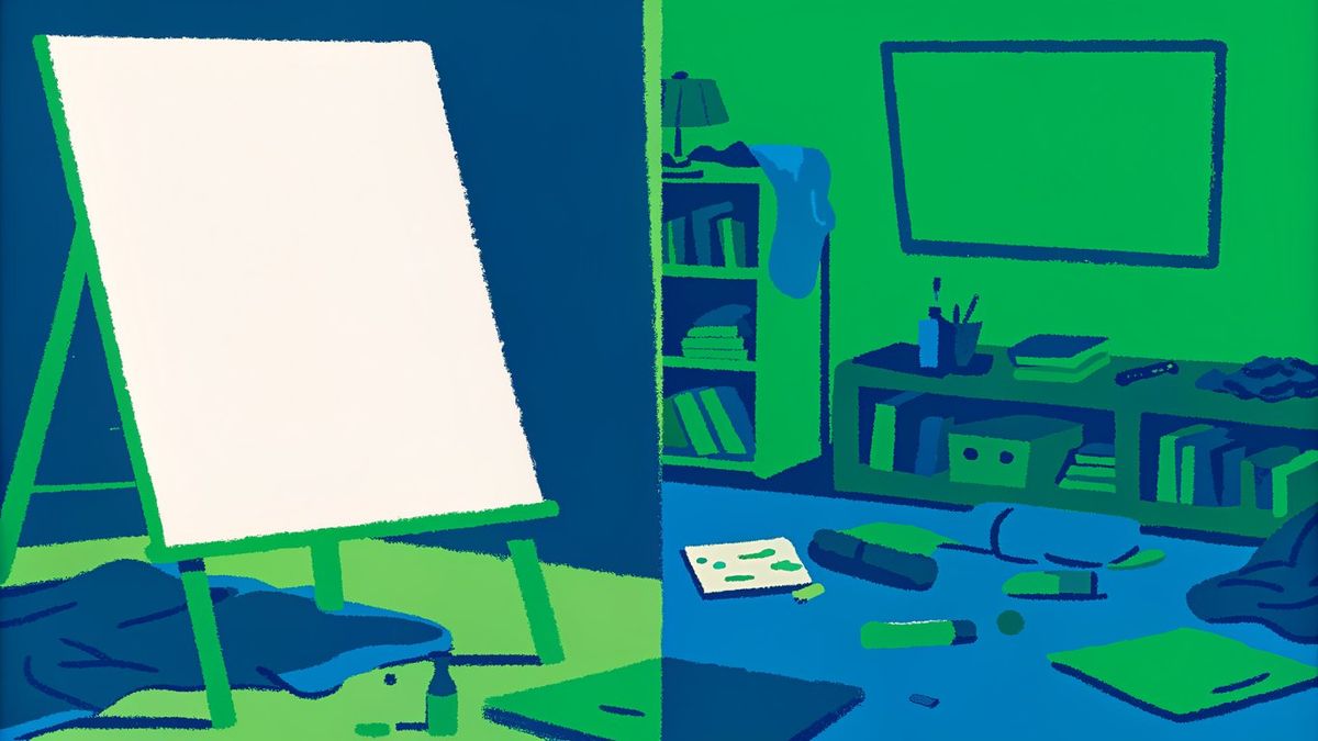 Illustration of a room transforming from cluttered to a clean, blank canvas