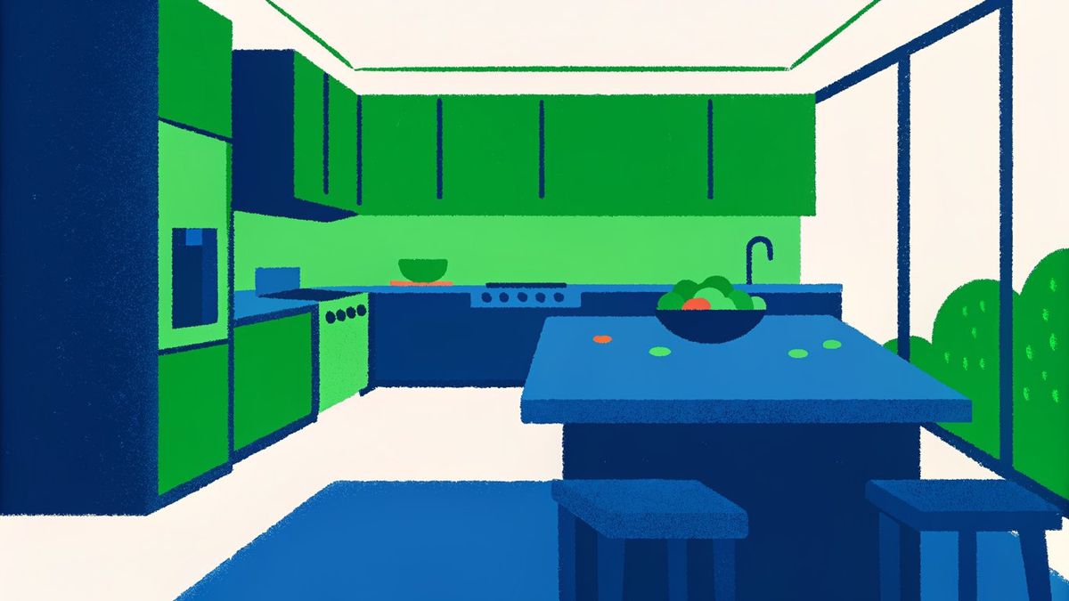 Illustration of a perfectly staged, spotless kitchen with clear counters and simple decor