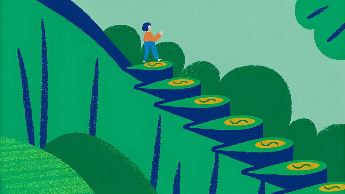 A person steadily climbing a staircase made of coins, symbolizing the gradual process of catching up on missed mortgage payments through a repayment plan.