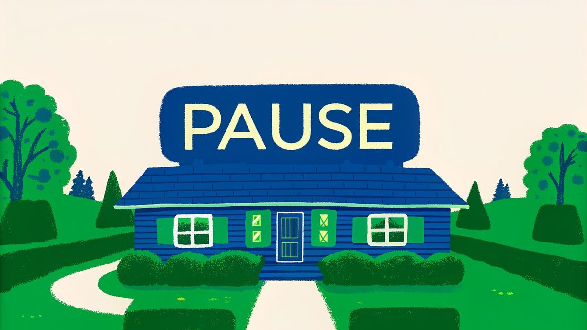 A house with a prominent pause button floating above it, representing the temporary suspension of mortgage payments during forbearance.