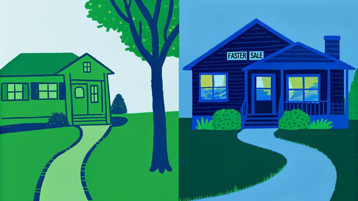 A fork in the road, one path resulting in a renovated house with a higher price, the other to an as-is house with a fast sale sign.