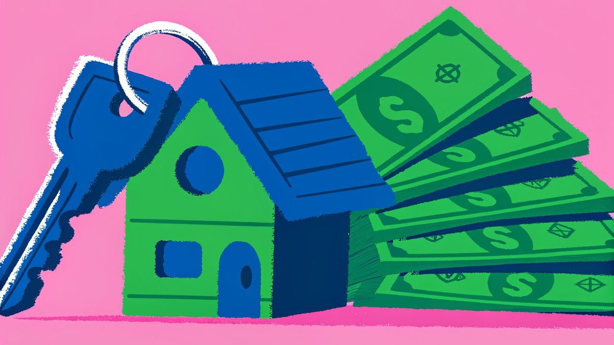 A stack of cash morphing into a house key, representing quick cash home sales.