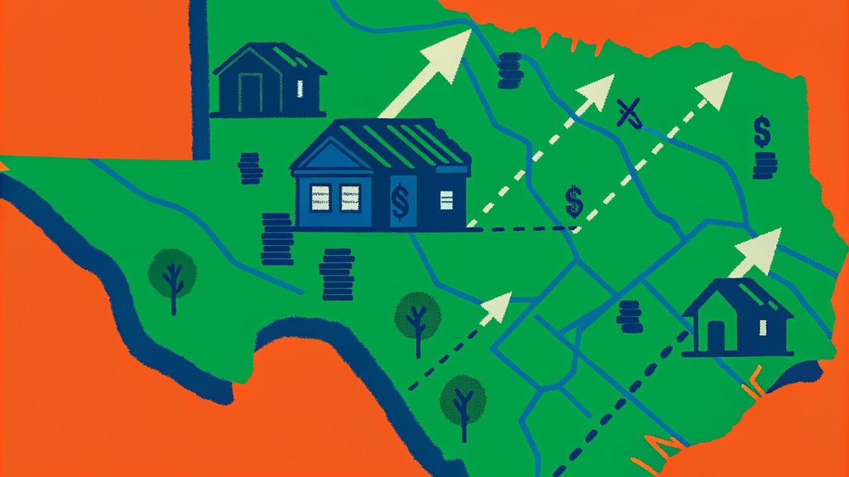 Stylized map of Texas with real estate icons representing a fast, unique market.