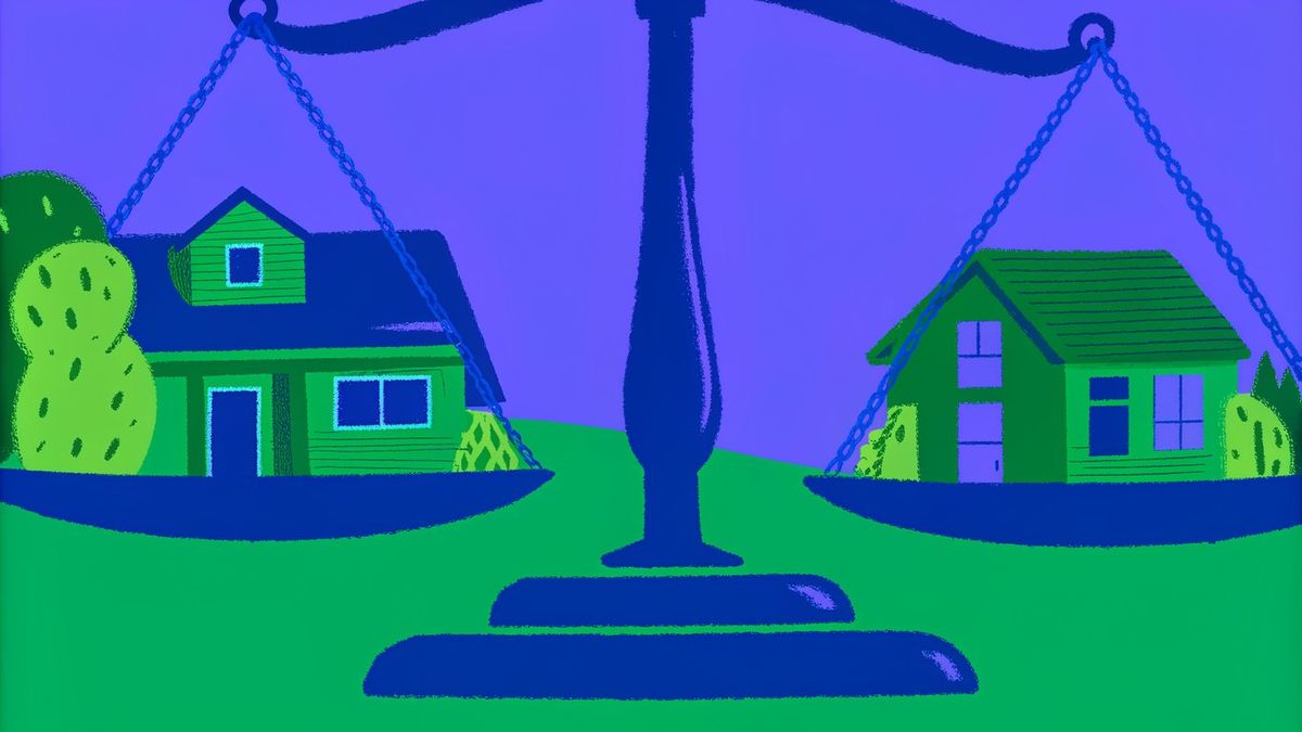 A house on a scale, with factors like location, school district, and property tax documents influencing its value.