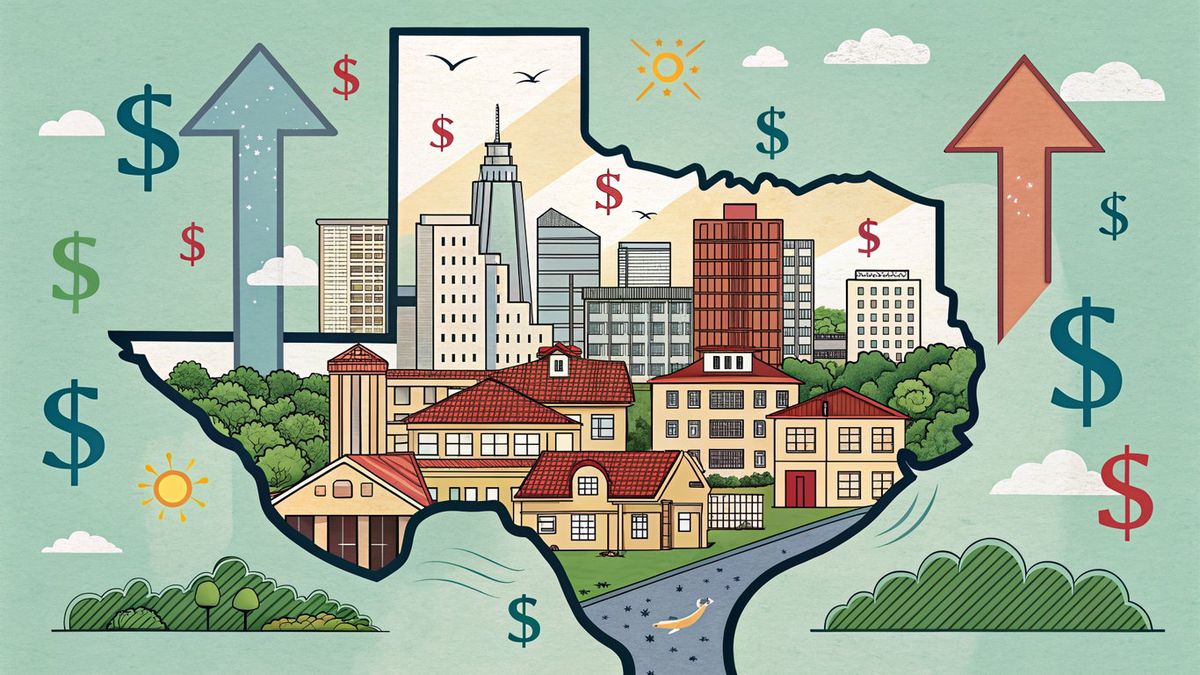 Texas state outline filled with real estate properties and growth symbols