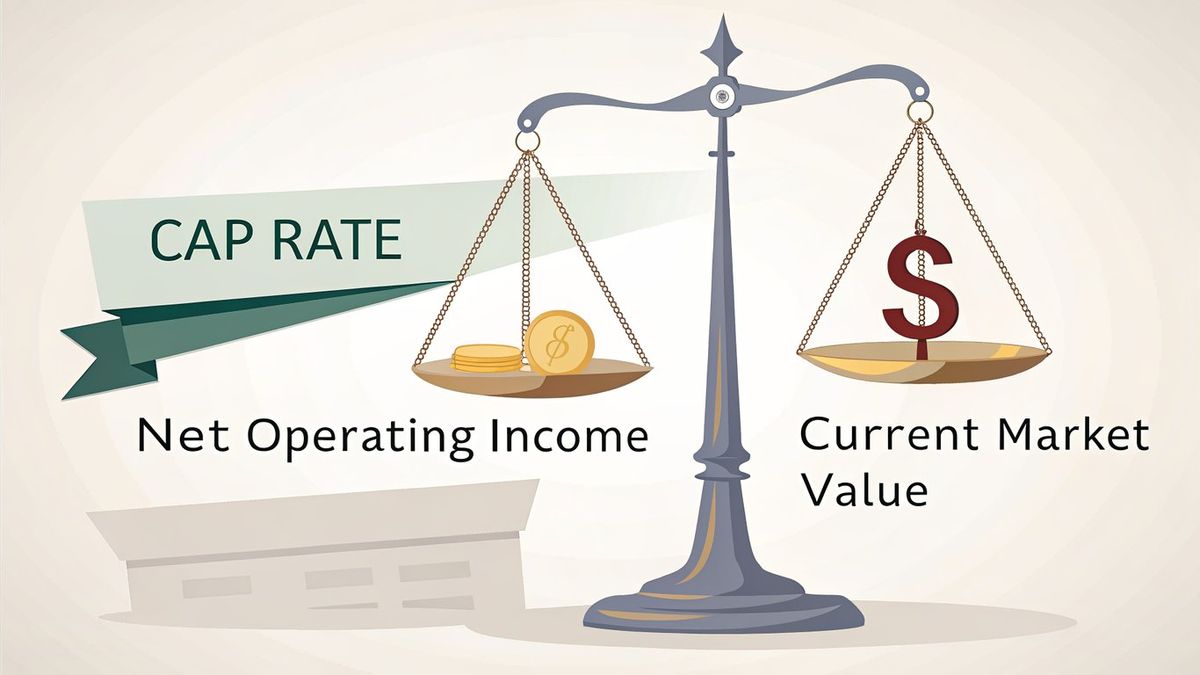 Balanced scale illustrating Cap Rate formula with NOI and Market Value