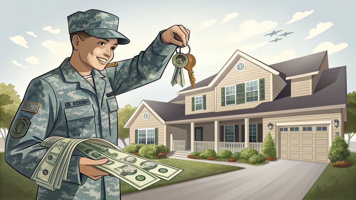 A veteran receiving house keys, with money flowing into their pocket, illustrating zero down payment.