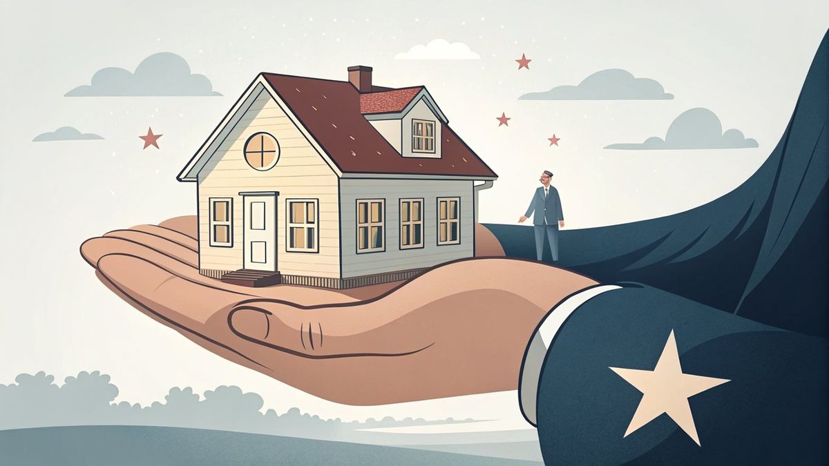 A hand with a star emblem cradling a house, representing the VA loan promise.