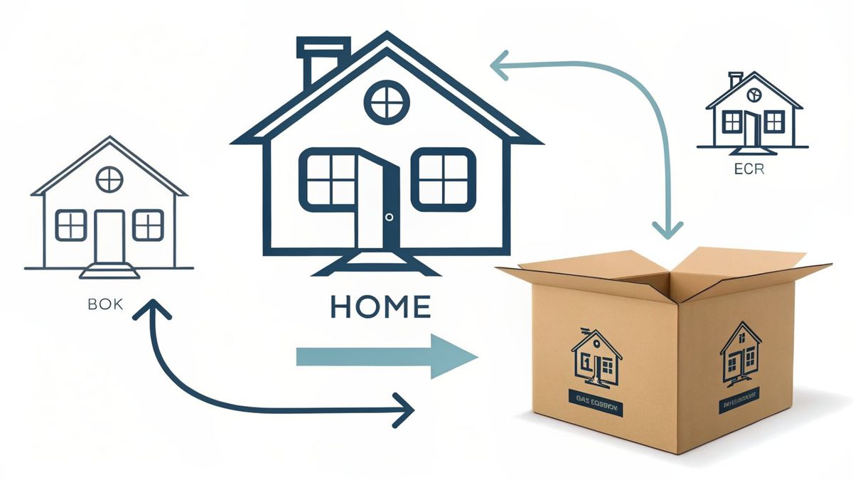 Flowchart illustration showing a house moving from an old home to a new home, facilitated by a central company.