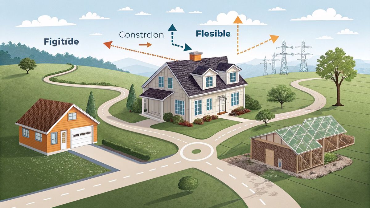 Illustration of a house with three branching paths, representing different types of home trade-in programs.