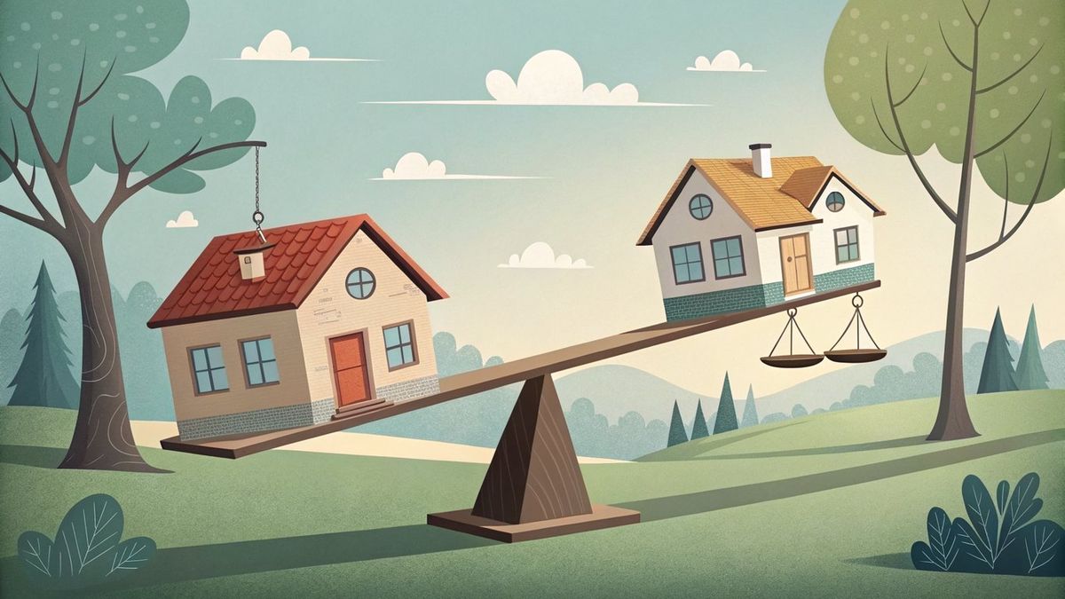 Illustration of two houses on a seesaw, representing the balance of selling one home and buying another.