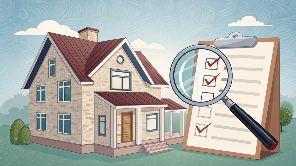Illustration of a house under a magnifying glass with a checklist, representing property eligibility requirements.