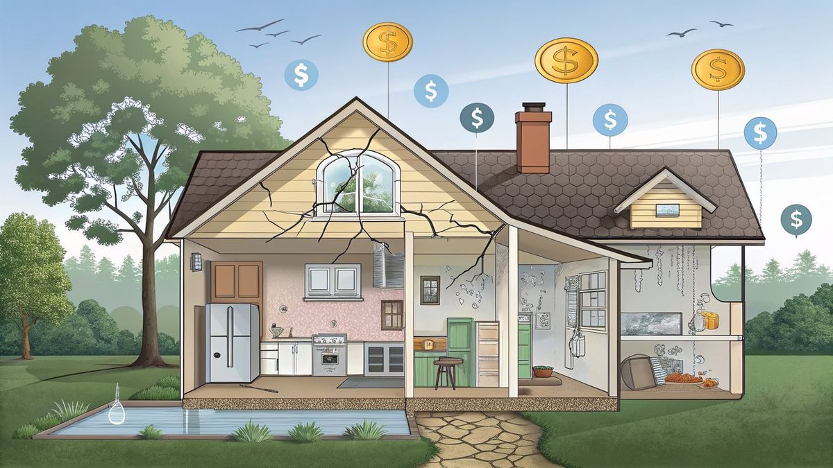 Illustration of a house showing visible repair needs, with money symbols indicating deductions.