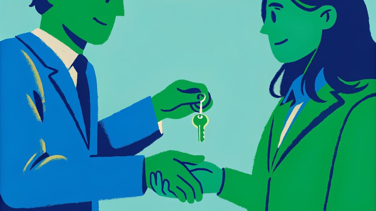 One person handing a key to another, representing a loan transfer.