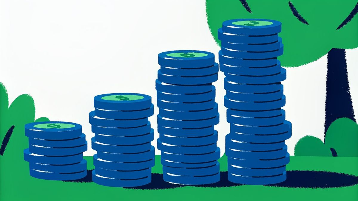 Two stacks of coins, one much taller than the other, illustrating the long-term savings from lower interest rates.