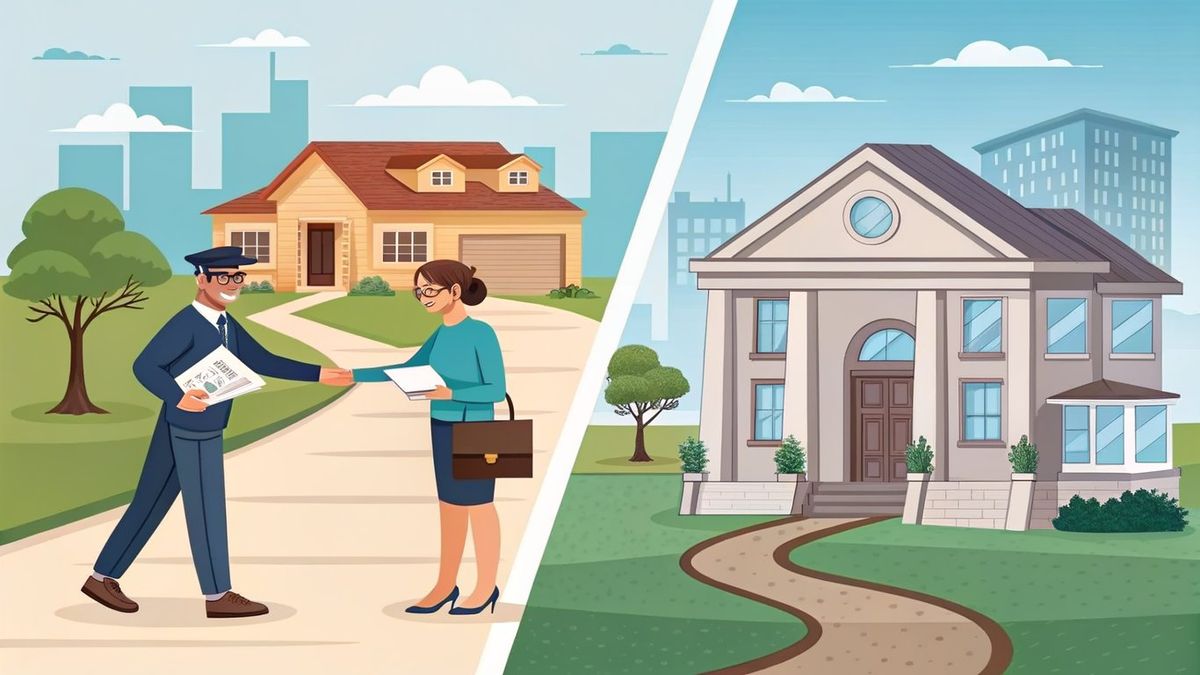 Comparison illustration of owner financing (direct seller-buyer) versus traditional mortgage (bank-involved).