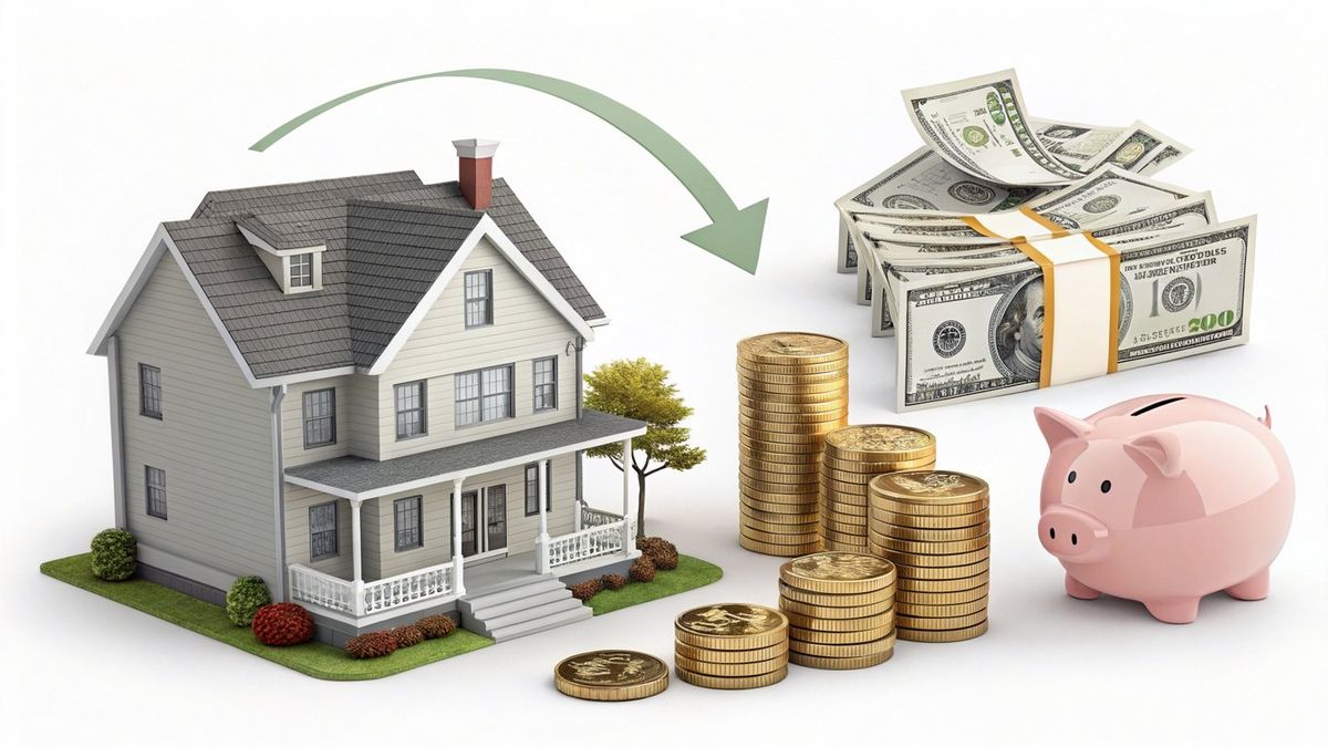 Visual representation of an option fee, rent credits, and a purchase price combining to buy a house.