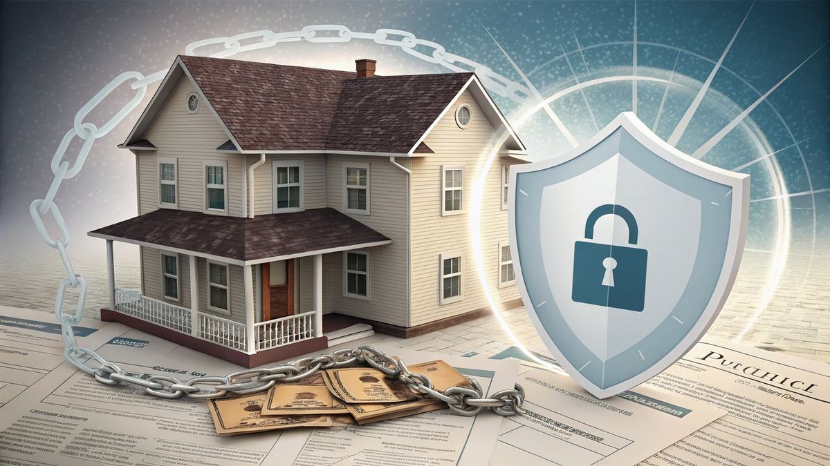 Illustration of a house protected by a shield, symbolizing legal protections against foreclosure and title issues in a rent-to-own agreement.