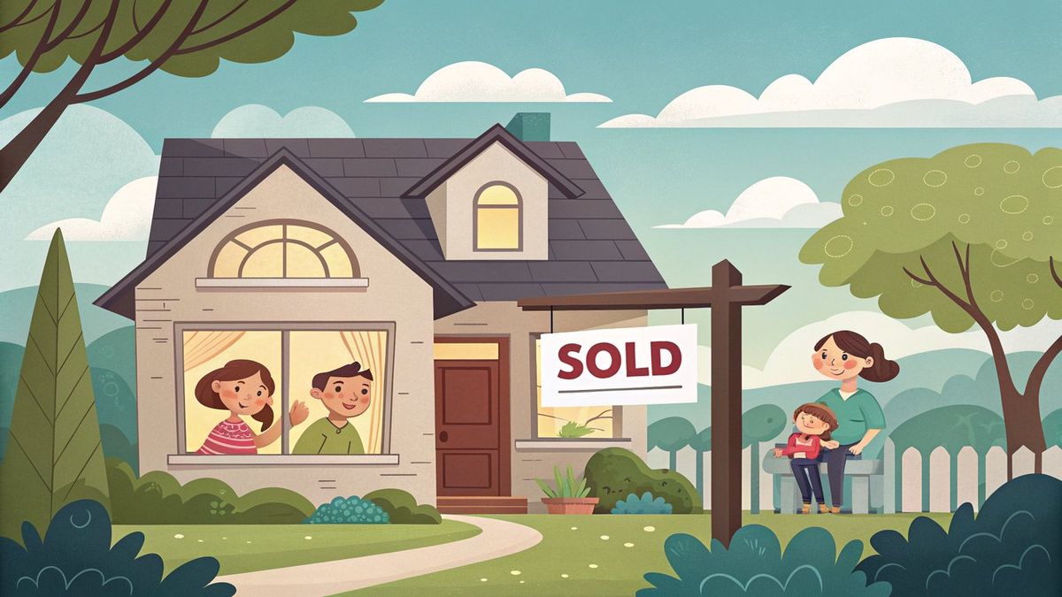 Illustration of a house with a sold sign, but people are still living inside, representing the core concept of a sell-and-stay program.