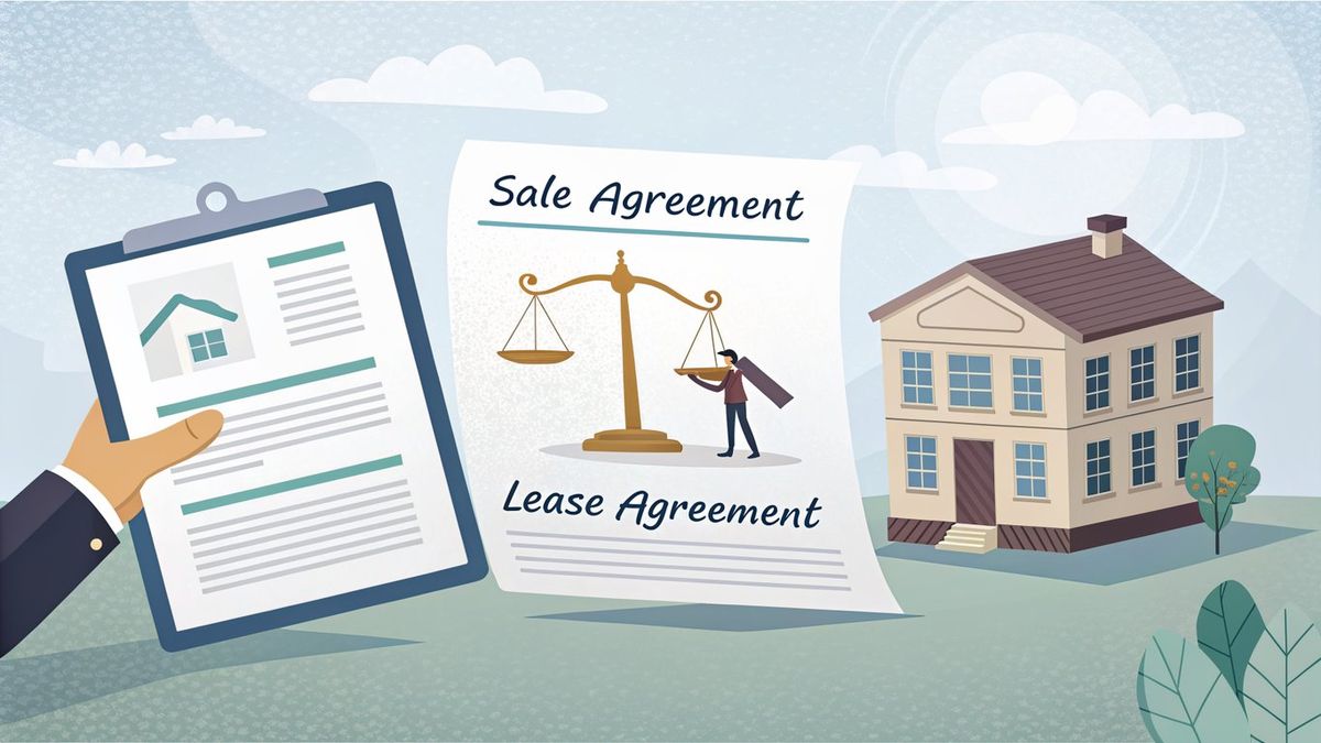 Illustration of two interconnected legal documents, representing the sale agreement and lease agreement in a sell-and-stay program.