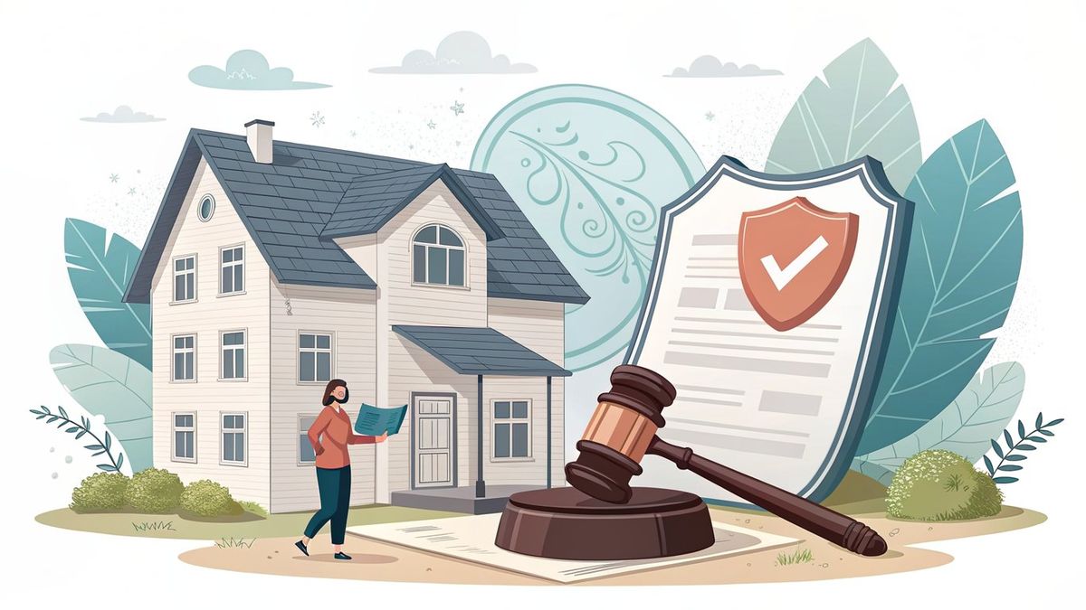 Illustration of a house protected by legal documents and a gavel, representing the legal considerations and tenant rights in a sell-and-stay program.