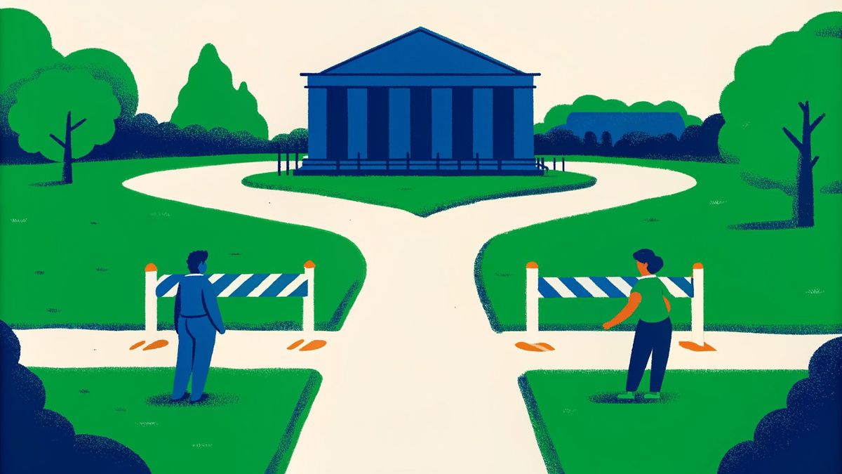 Illustration showing a difficult path to a bank and an easy, direct path between a seller and buyer.