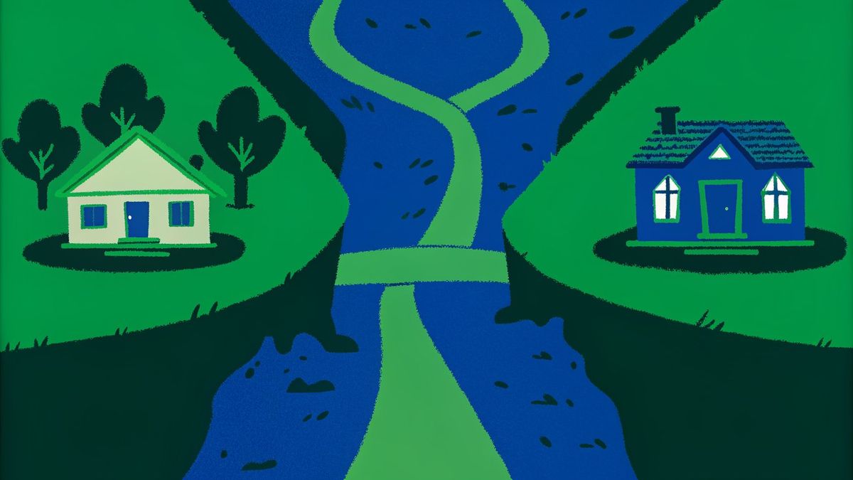 Illustration showing three diverging paths for homeowners: a smooth path for traditional sale, a rocky path for short sale, and a broken path resulting in a cliff for foreclosure, symbolizing different financial outcomes.