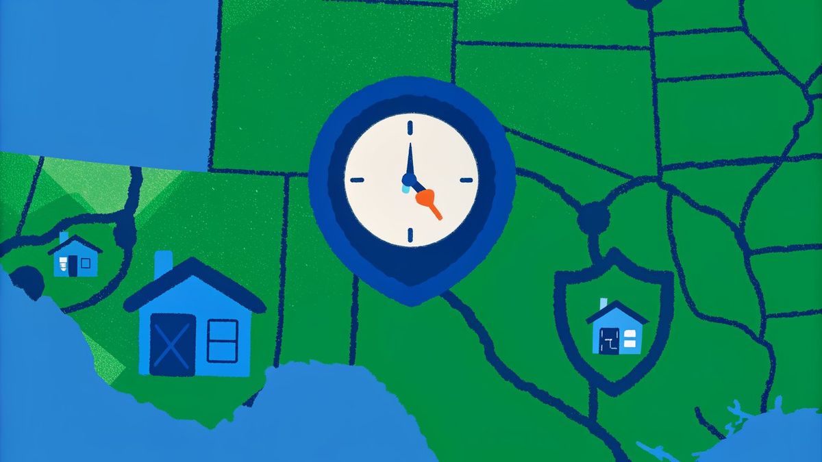 Illustration of a map of Texas with a fast clock and a shield protecting a house, symbolizing Texas's unique and faster non-judicial foreclosure process and homestead protections.