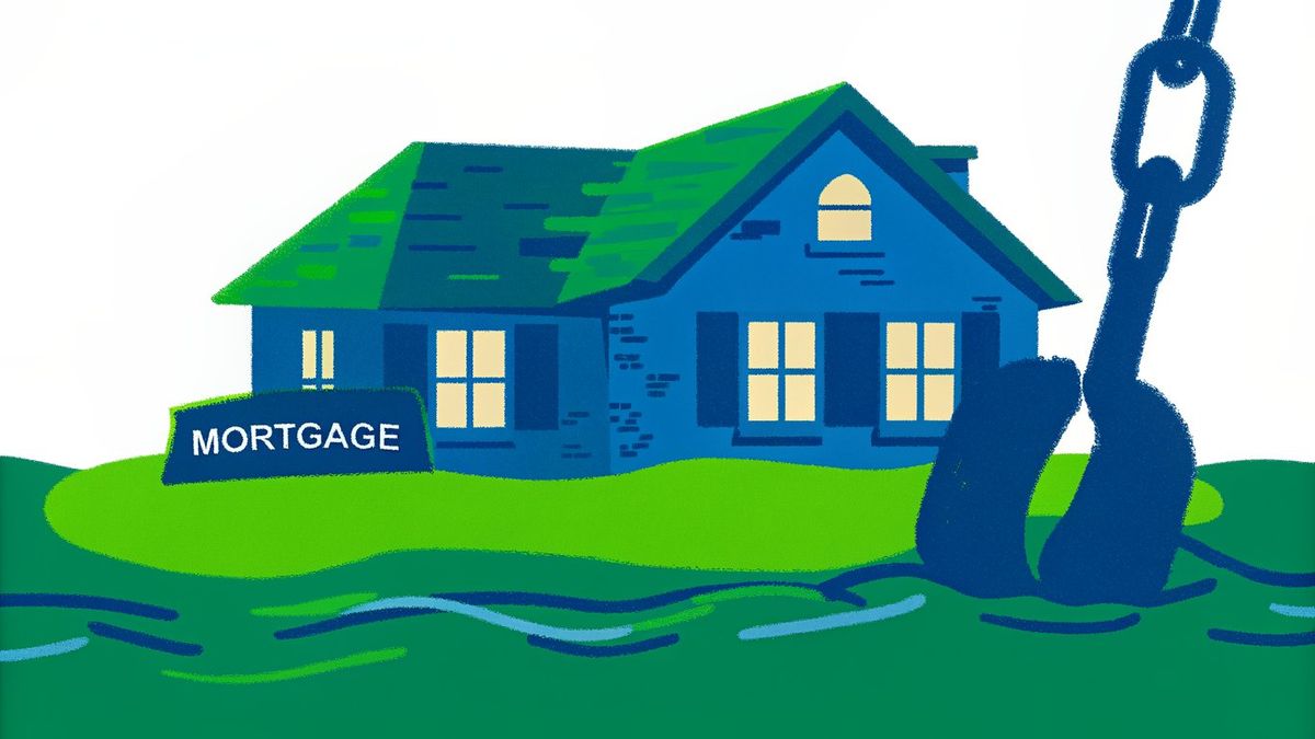 Illustration of a house partially submerged in water, symbolizing an underwater mortgage where the debt is greater than the home's value.